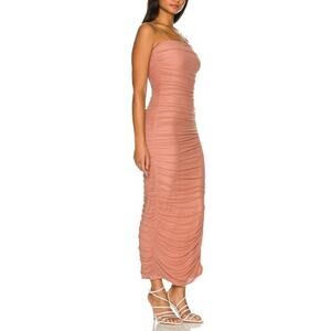 NBD Natasha Mocha Mauve Ruched Stretch Maxi Dress Side Slit Thin Straps Size S